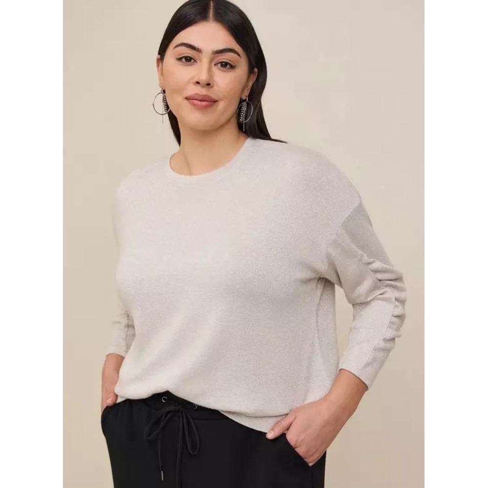 Torrid Womens Top 1X Sparkle Knit Drop Shoulder Shirred Sleeve Silver Metallic